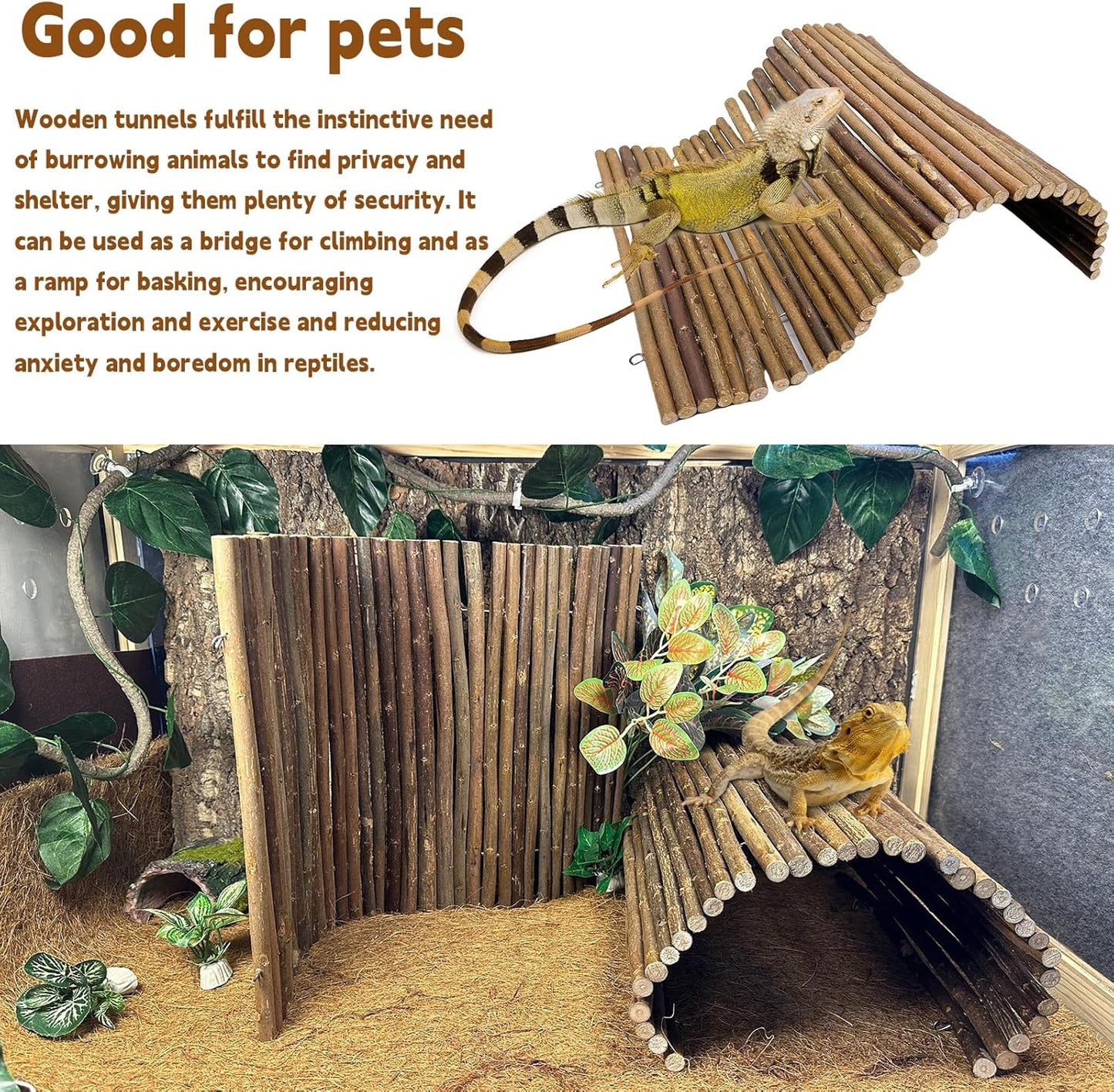 BNOSDM 2PCS Reptile Hideout Wooden Bridge 12.99"x 18.89" Lizard Hide Caves Bearded Dragon Habitat Accessories for Gecko Snake Frog Chameleon Iguana Tortoise