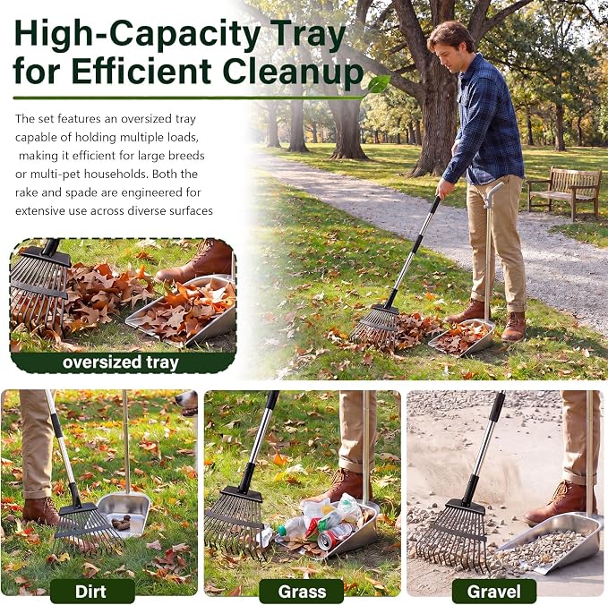 Stainless Steel Dog Pooper Scooper 45in Handle Large Tray Rake | with Heavy DutyV Dog Pooper Scooper for Large Holding Capacity, Rust-Proof Poop Scoop Set for Grass, Concrete and Gravel