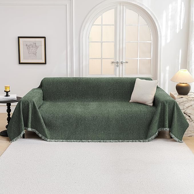 MYSKY HOME Couch Cover for Dogs, Washable Couch Covers, Non Slip Couch Sofa Cover, Couch Cover 2 Cushion Sofa Dogs Furniture Protector with Tassels Chenille Sofa Covers for Pets, 71"x118", Moss Green