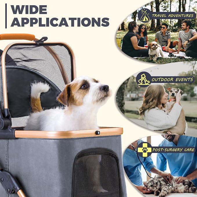 Dog Stroller for Small Dogs, Lightweight Pet Stroller for 2 Cats Dogs with 6 Shock Absorption System, Detachable Carrier Suitable for Car Seat & Hand Carry, Safe Outings, Gray