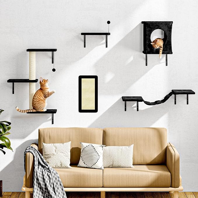 10 Pcs Cat Wall Shelves Set, Wall-Mounted Climber with Cat House, Scratching Post, Bridge, Hammock, Space-Saving Play Furniture, Black