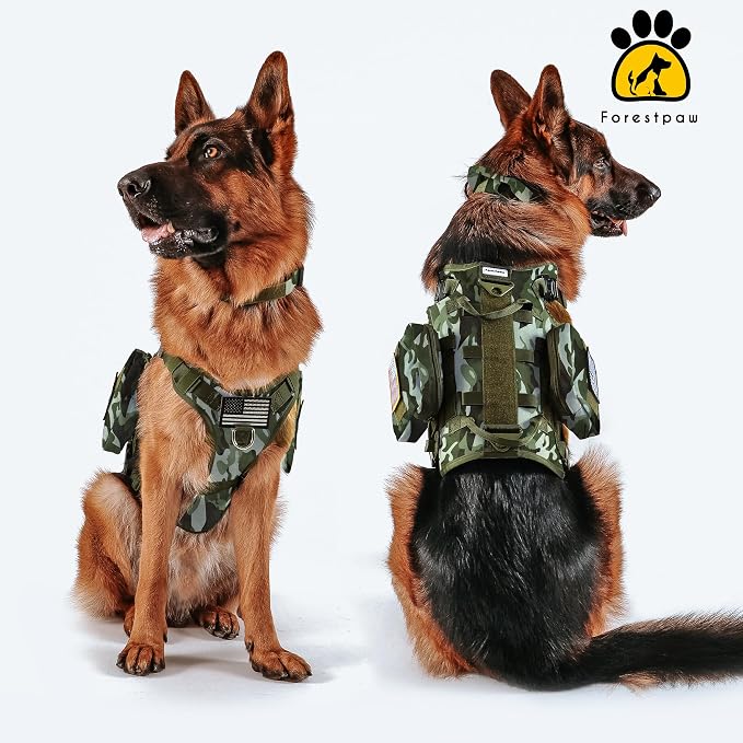 Forestpaw Tactical Dog Harness Pouches and Patches Set,M,Camo Green | Adjustable Fits 22-35" Chest,30-80 lbs,No Pull Military Style Service Dog Vest for Daily Walking Training,Medium Dogs