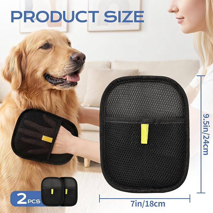 2PC Pet Hair Removal Glove for Cats and Dogs, Electrostatic Reusable Brush, for Couch, Carpet and Car Seat,