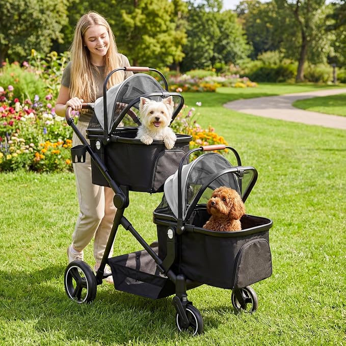 Foldable Double Pet Stroller for 2 Small Medium Cats Dogs | Convertible single/double | Detachable carriers | All-terrain wheels & shock | Safety brakes & tether | Breathable oxford