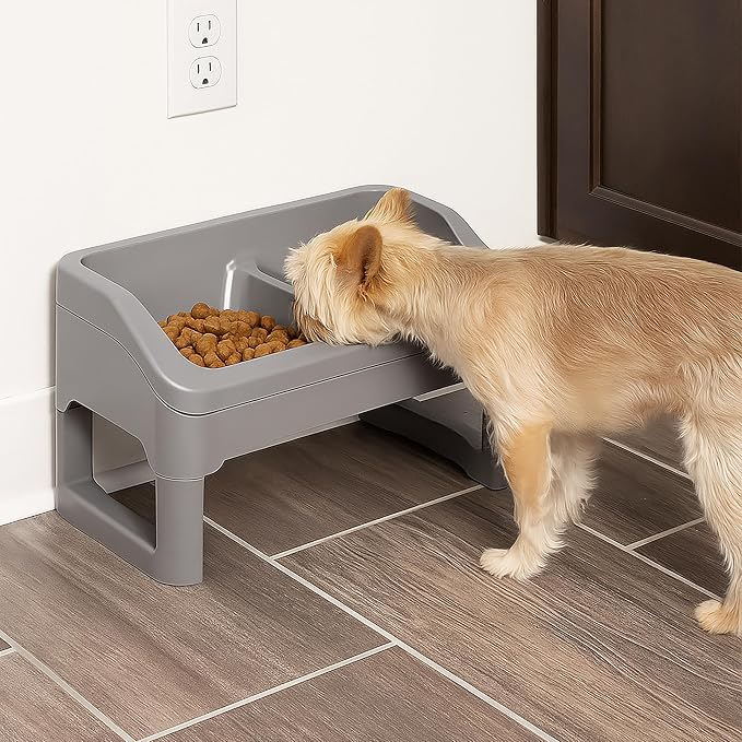 IRIS USA Elevated Pet Feeding Station, Adjustable, Double Bowls, Gray | Made in USA, Feeding Trough, Removable Double Food and Water Bowls, Easy Clean Design, Indoor Pet Feeding System