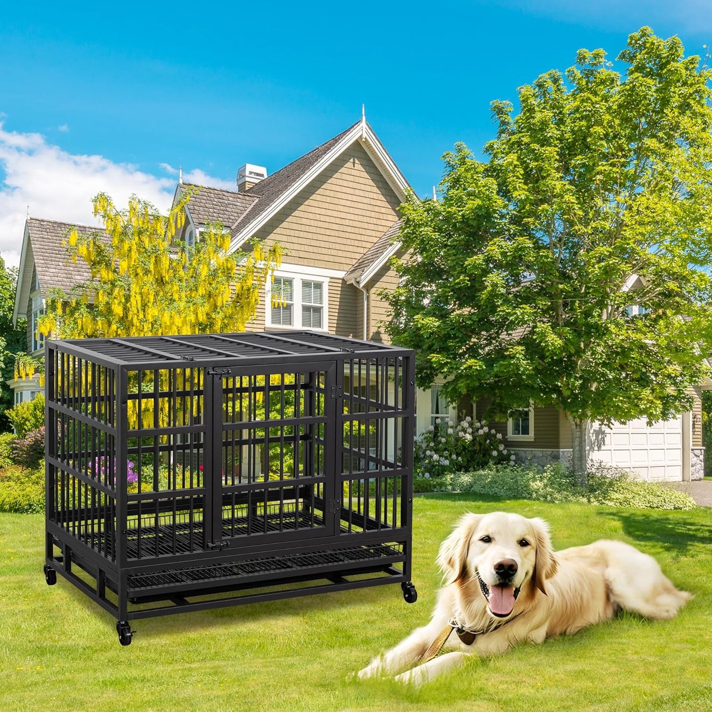 JY QAQA 38 Inch Heavy Duty Indestructible Dog Crate Double Doors Escape Proof Cage Kennel,Enhanced Metal Pet Cage,Extra Large XL XXL Crate Indoor for Large Dog with Removable Tray and Lockable Wheels