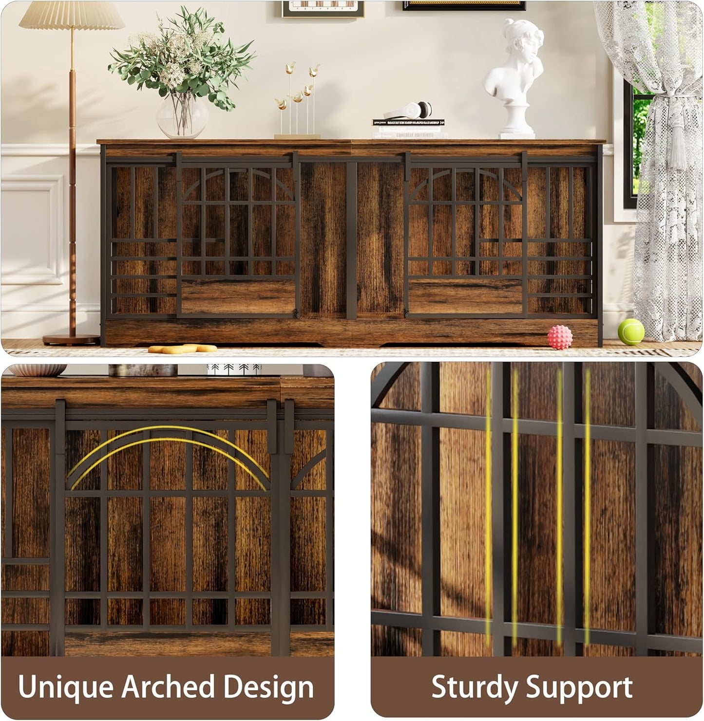 78 Inch Double Dog Crate Furniture, Extra Large Dog Kennel Indoor with Divider, Heavy Duty Dog Cage for 2 Dogs, Decorative Wooden Dog House Decorative Table TV Stand, Pet House for XLarge Dogs,Brown