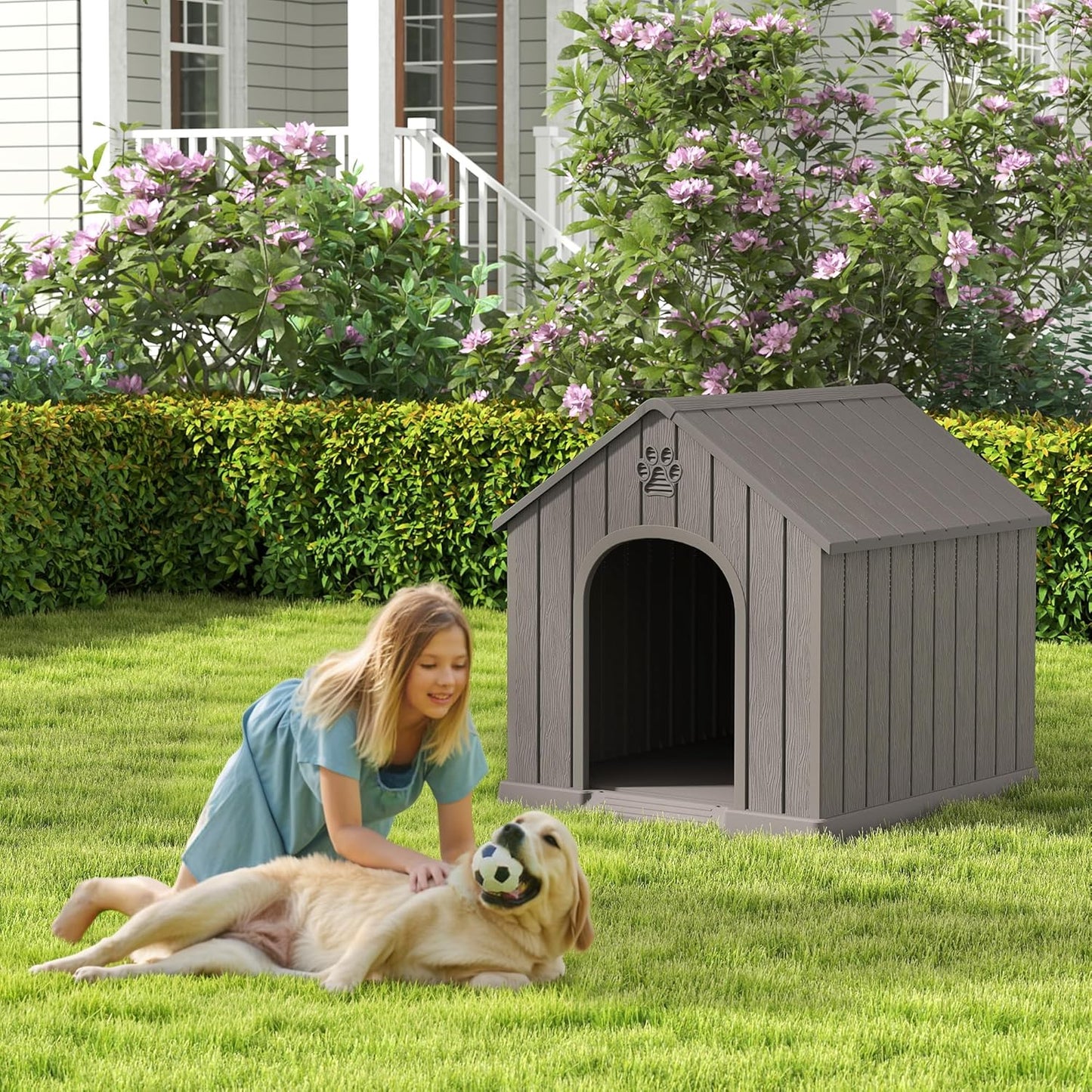 Large Dog House Outdoor Indoor for Medium Large Dogs, Durable Plastic Waterproof Doghouse with Air Vents and Elevated Floor, Easy Clean and Assemble (Grey, 36.2''L×38''W×38''H)