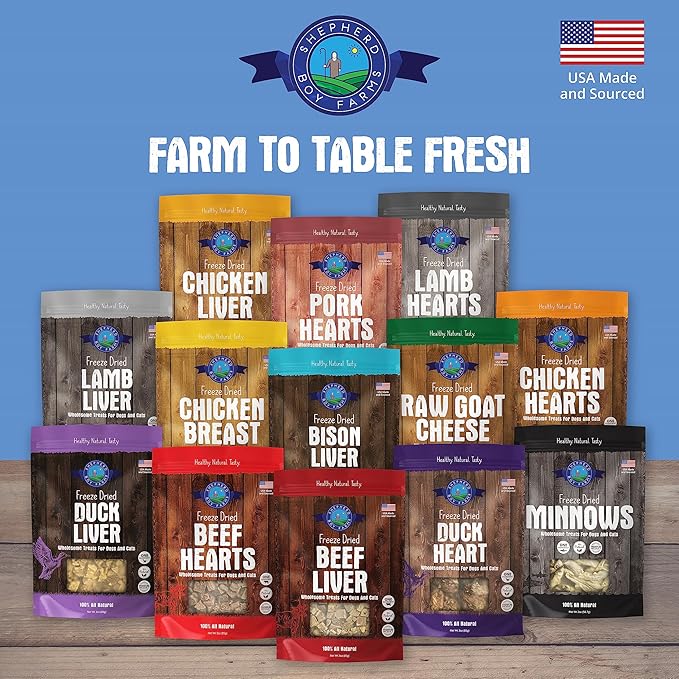 Shepherd Boy Farms Freeze Dried Dog and Cat Treats, Chicken Liver, All Natural Single Ingredient Freeze-Dried Dog Treat & Snacks, Made in USA, High Protein, Essential Nutrition Raw Food, 3oz