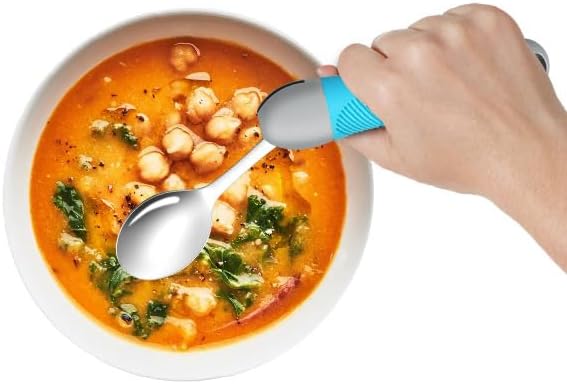 Weighted Utensils for Tremors & Parkinson's, Adaptive Eating Aids (Blue) | Adaptive silverware for shaky hands. Weighted grip design reduces tremors. Bendable neck for custom angle. Dishwasher safe