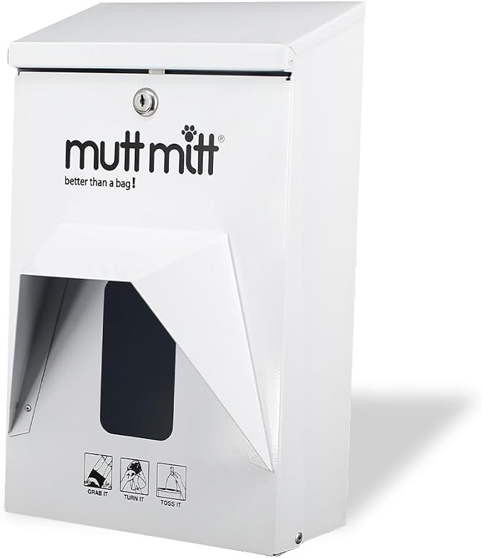 Mutt Mitt® Aluminum Dog Waste Starter Station - Gloss White | Singles | Rust-proof aluminum dispenser, includes 400 header bags, locking hood, fits all 5" header refills, hardware included