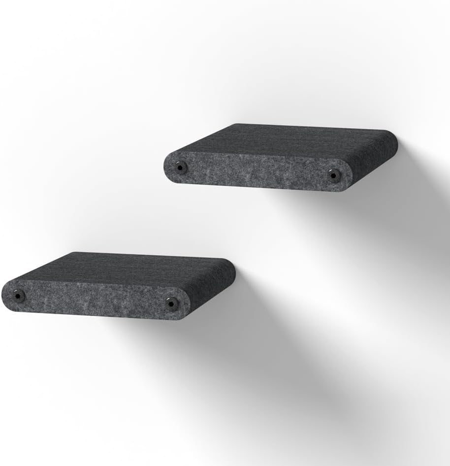 Wall Mounted Cat Steps Short Shelves (2) by Pryde Pets - Stairs for Walkways, 100% Sustainable PET Felt Feline Enrichment Climber Furniture for Indoor Cats, Modern Climbing Gym Design (Charcoal)