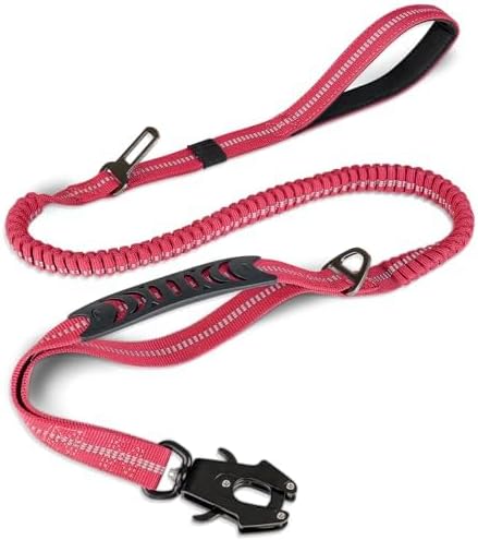 Joytale Tactical Bungee Dog Leash, Shock Absorbing No Pull, Hot Pink | For Large Dogs That Pull, 2 Padded Handles for Control, Car Seatbelt Clip, Reflective for Night Safety, Metal Frog Clip