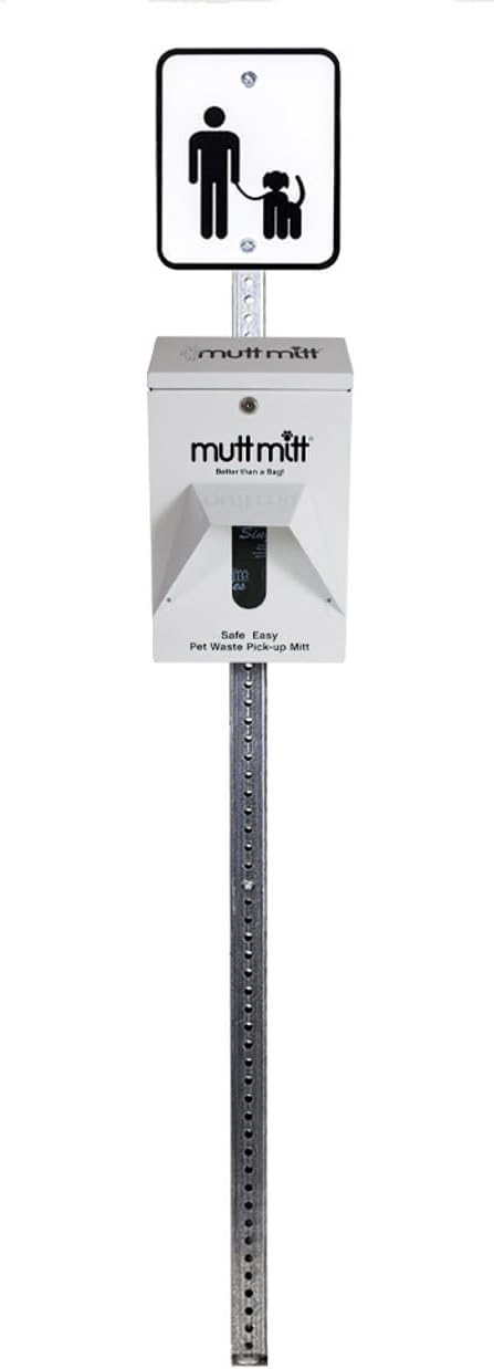 Mutt Mitt® Aluminum Mini Dog Waste Station - Gloss White | 2-Ply | Full-height aluminum station with sign, 400 header bags, locking dispenser, & post | install beside existing trash cans