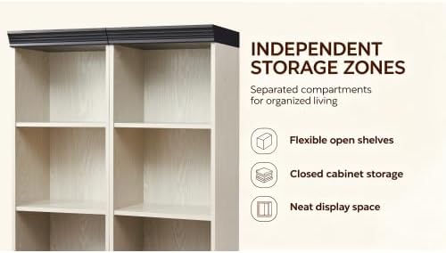 Storage Cabinet with Adjustable Shelves | Open Display Cubbies & Closed Barn Door Storage 3D Wood Grain Finish MDF Bookcase for Bedroom Living Room Office
