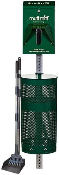 Mutt Mitt® Aluminum Low Profile Dog Waste Station - Gloss Green | Singles | Compact aluminum station with 400 header bags, 25 liners, 12-gal can, locking dispenser, post & hardware included