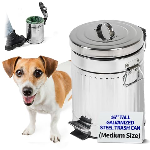 Pet Fit For Life Steel Trash Can with Lid, 16" Tall, 12L/3.2 Gallons | Steel Galvanized Bin with Step Foot Pedal, Plastic Inner Lining, Liner Bags, and Weather-Resistant Design for Yard Use