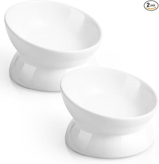 LoeJan Elevated Cat Food Bowl, 5 Oz Ceramic Raised and Tilted Water Bowl, Anti Vomiting and Protect Pets' Spines Dishes for Small Dog, Fat Faced Cat, Kitten (White, 2 Pack)