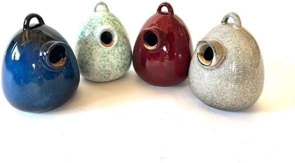 Byer of Maine Egg Bird Home for Small Songbirds, Cobalt Blue, High Fired Porcelain Stoneware, Ceramic Bird House, Glaze Finish, with Forged Steel Hook