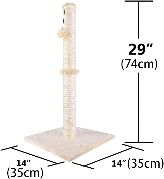 Dimaka 29" Height Tall Cat Scratching Post, Claw Scratcher with Sisal Rope and Covered with Soft Smooth Plush, Vertical Scratch [Full Strectch] for Standard Size Cats. (Beige)