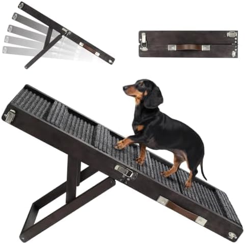 Pawaboo 2026 Upgraded Small Dog Ramp for Couch Foldable, 5 Ajustable Height | Height from 9.8" to 20.5", Portable Stable Pet Steps with Non-Slip Pad, Pet Ramps Use for Sofa Couch Stairs, Wood