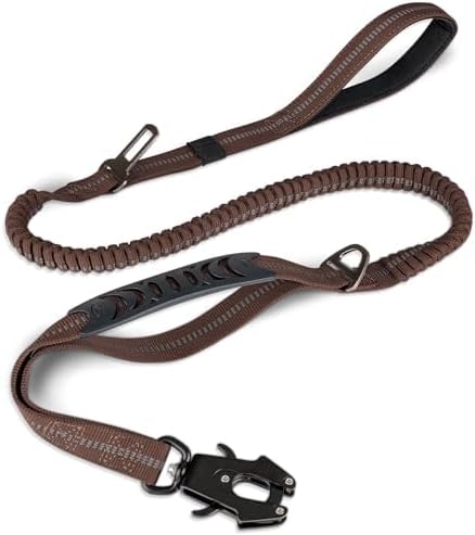 Joytale Tactical Bungee Dog Leash, Shock Absorbing No Pull, Brown | for Large Dogs That Pull, 2 Padded Handles for Control, Car Seatbelt Clip, Reflective for Night Safety, Metal Frog Clip