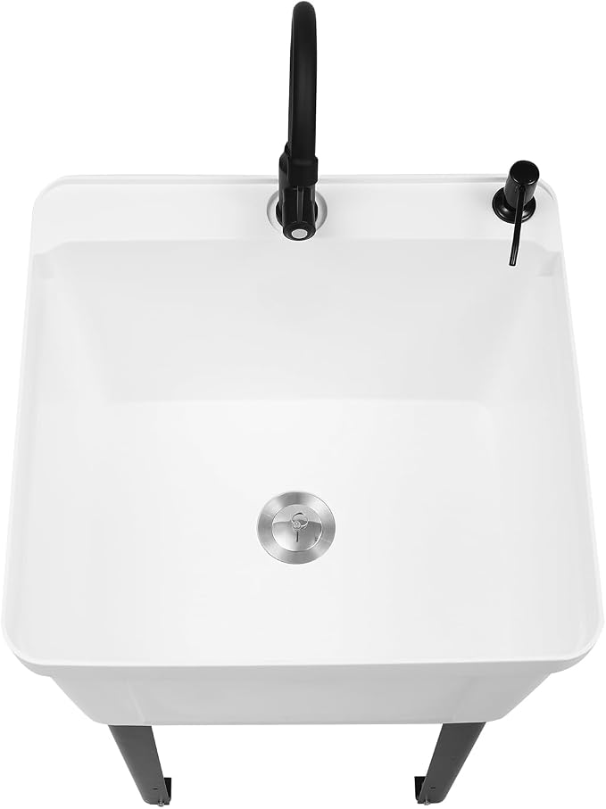 Tall Freestanding Plastic Utility Sink with Rotatable Faucet White | Equipped with Hose Hook Up, Built-In Soap Box and Soap Dispenser, Four Iron Support Feet, Suitable for Laundry and Pet Bath