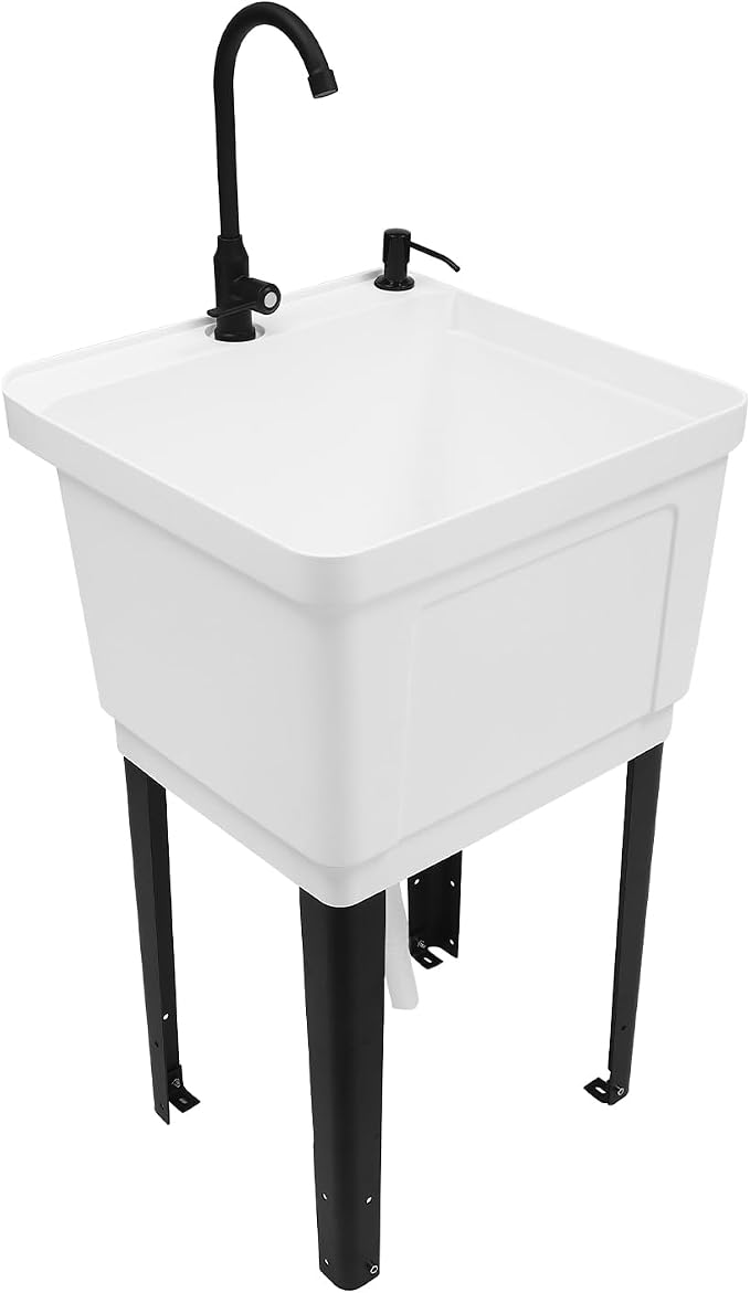 Tall Freestanding Plastic Utility Sink with Rotatable Faucet White | Equipped with Hose Hook Up, Built-In Soap Box and Soap Dispenser, Four Iron Support Feet, Suitable for Laundry and Pet Bath