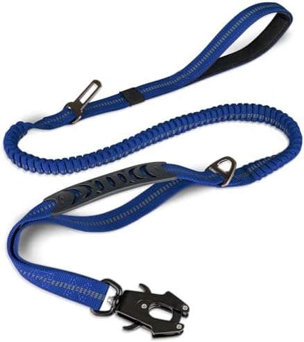 Joytale Tactical Bungee Dog Leash, Shock Absorbing No Pull, Navy Blue | For Large Dogs That Pull, 2 Padded Handles for Control, Car Seatbelt Clip, Reflective for Night Safety, Metal Frog Clip
