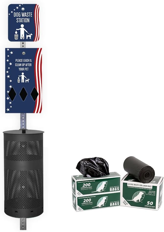 Zero Waste USA - Aluminum Dog Waste Station - Stars & Stripes | Matte Black | DISPENSE-ART™ UV-printed aluminum station, 25% larger bag storage, rust-proof commercial design for parks & properties