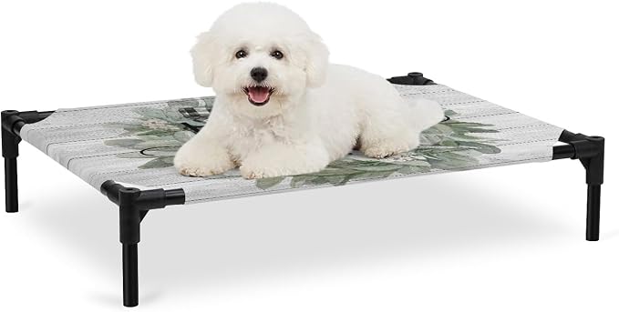 Outdoor Elevated Dog Bed for Medium Dogs, Farmhouse Leaves Breathable Cooling Raised Dog Cot for Indoor/Outdoor, Florals Country Vintage Gray Wood Waterproof Elevated Pet Beds, M 24 x 20 in