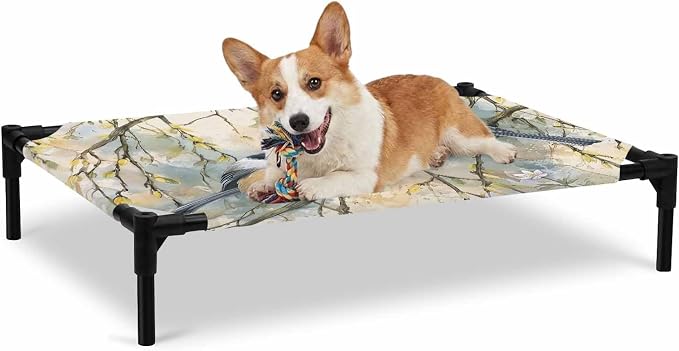 Outdoor Elevated Dog Bed for Large Dogs, Birds Branches Breathable Cooling Raised Dog Cot for Indoor/Outdoor, Country Elegant Pastoral Floral Waterproof Elevated Pet Beds, L 28 x 22 in