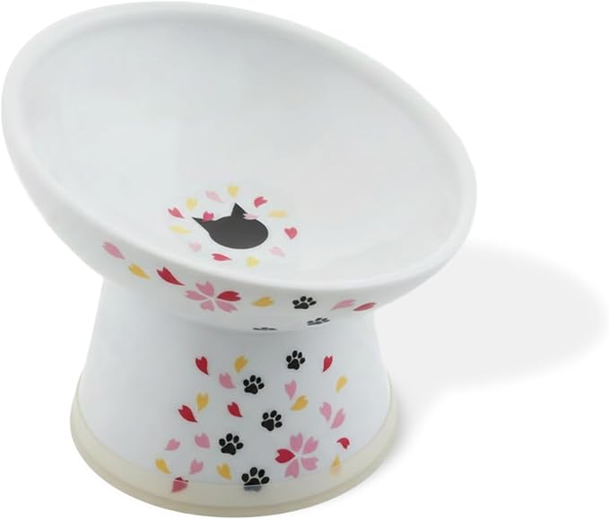 Necoichi Raised Cat Food Bowl – Ceramic Elevated 15° Tilted Cat Bowl for Whisker & Neck Fatigue, Dishwasher Microwave Safe – Non-Slip & Anti Vomiting Ergonomic Design (Sakura, Regular Tilted)