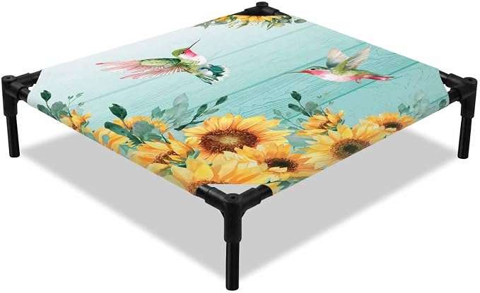 Outdoor Elevated Dog Bed for Small Dogs, Sunflowers Breathable Cooling Raised Dog Cot for Indoor/Outdoor, Spring Botanical Flowers Birds Turquoise Wooden Waterproof Elevated Pet Beds, S 20 x 20 in