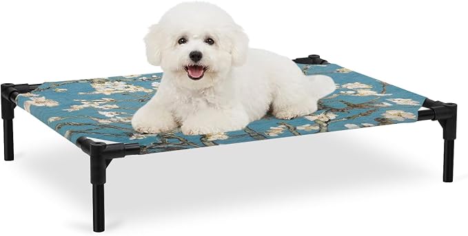 Outdoor Elevated Dog Bed for Medium Dogs, Flowers Branches Breathable Cooling Raised Dog Cot for Indoor/Outdoor, Farmhouse Turquoise Sky Moon Tree Waterproof Elevated Pet Beds, M 24 x 20 in