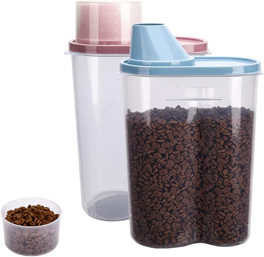 GreenJoy 2 Pack 2lb/2.5L Pet Food Storage Container with Measuring Cup, Can Covers and Bowl for Small Dog, Cat, Waterproof-BPA Free (Blue and Pink)
