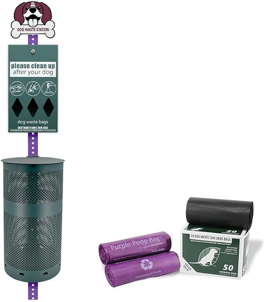 Zero Waste USA - Aluminum Dog Waste Station with Bags - Purple & Green | Purple dog design with rust-proof aluminum station, 400 roll bags, 25 liners, locking dispenser, 10-gallon waste can