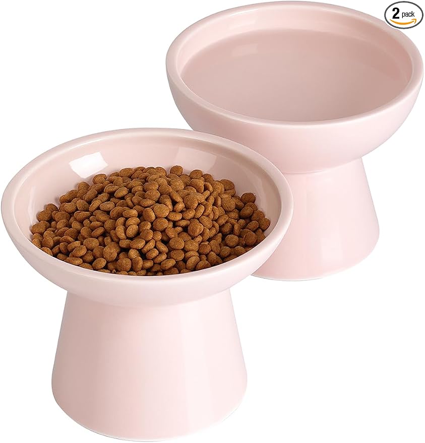 LoeJan Elevated Cat Food and Water Bowls Set, Extra Wide and Raised Ceramic Feeder, Anti-Vomit Whisker-Free Pressure Feeding Bowl for Kittens Adult Cats Small Dogs (Pink, Bowl Set)