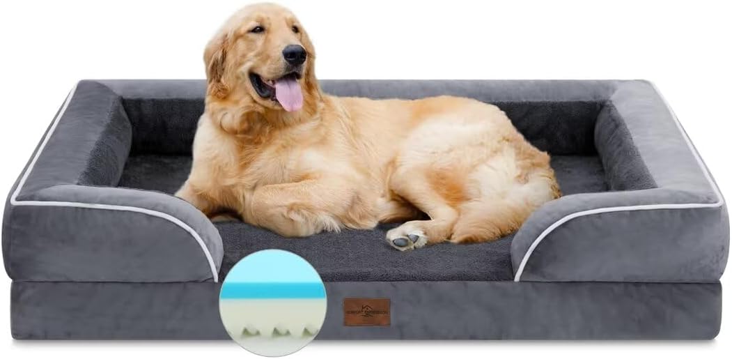 Comfort Expression Cooling Dog Bed, Memory Foam Orthopedic Dogs Beds for Extra Large Dogs, XL Dog Bed with Removable Cover, Waterproof Pet Beds Large with Bolster(X-Large,Leaden Grey)