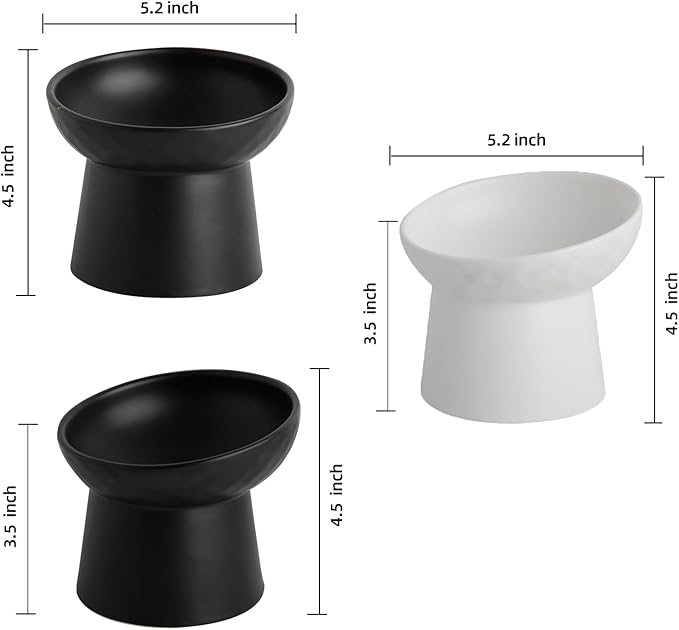 Elevated Cat Bowls, 15° Tilted Ceramic Raised Cat Food and Water Bowl Set, Whisker-Friendly Porcelain Pet Feeder Dishes for Indoor Cats and Small Dogs,Black & White Mixed,5.2 Inch,4 Pack