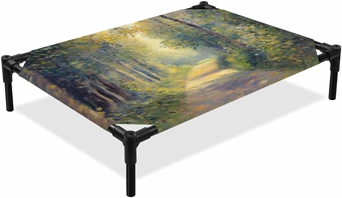 Outdoor Elevated Dog Bed for Medium Dogs, Farmhouse Forest Breathable Cooling Raised Dog Cot for Indoor/Outdoor, Pastoral Country Sun Light Trees Waterproof Elevated Pet Beds, M 24 x 20 in
