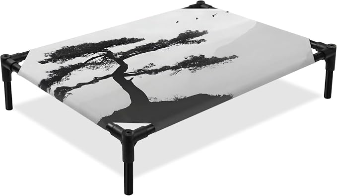 Outdoor Elevated Dog Bed for Large Dogs, Pine Trees Breathable Cooling Raised Dog Cot for Indoor/Outdoor, Modern Nature Foreset Mountains Birds Waterproof Elevated Pet Beds, L 28 x 22 in