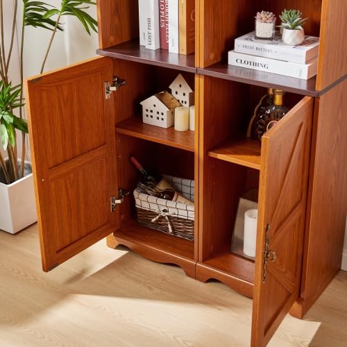 Storage Cabinet with Adjustable Shelves | Open Display Cubbies & Closed Barn Door Storage 3D Wood Grain Finish MDF Bookcase for Bedroom Living Room Office