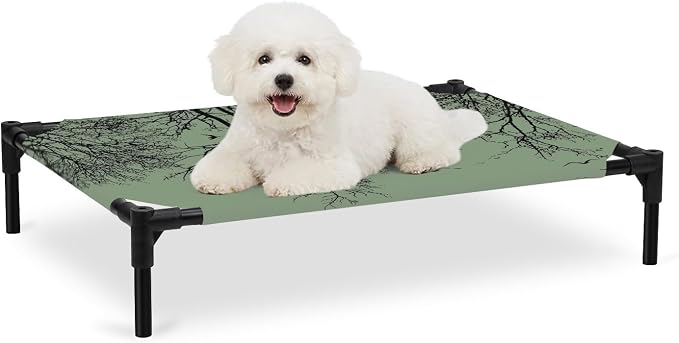 Outdoor Elevated Dog Bed for Medium Dogs, Green Black Branches Breathable Cooling Raised Dog Cot for Indoor/Outdoor, Botanical Dead Tree Birds Waterproof Elevated Pet Beds, M 24 x 20 in