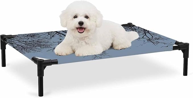 Outdoor Elevated Dog Bed for Medium Dogs, Blue Black Branches Breathable Cooling Raised Dog Cot for Indoor/Outdoor, Botanical Dead Tree Birds Waterproof Elevated Pet Beds, M 24 x 20 in