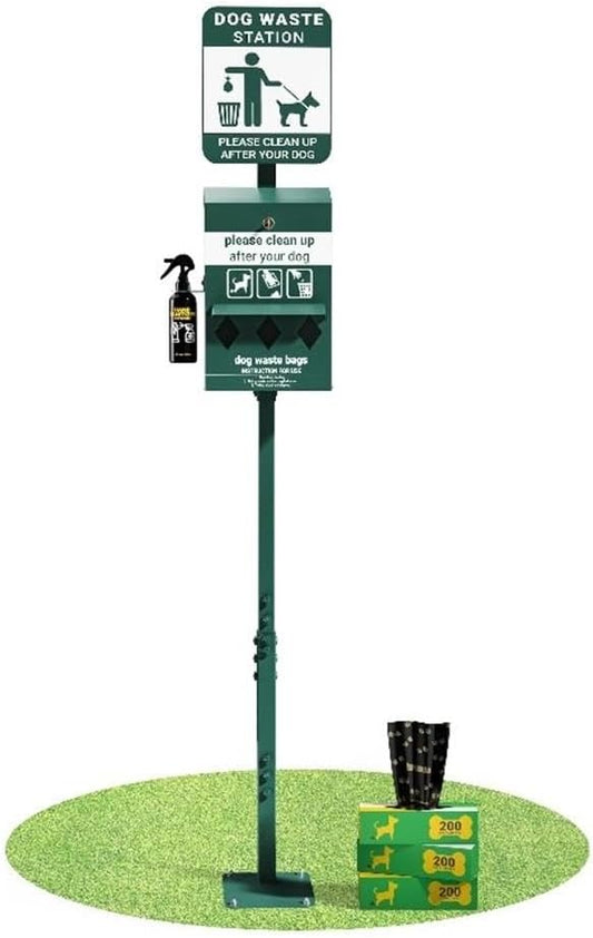 Pemberly Row Mini Pet Waste Station, Green Galvanized Steel, 76" Height, Glow-in-the-Dark Signage, Locking Triple Roll Bag Dispenser, Includes 600 Bags and Hand Sanitizer, Outdoor Commercial Use