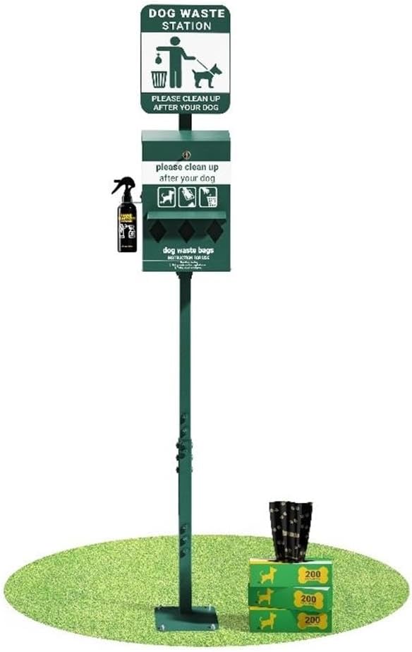 Pemberly Row Mini Pet Waste Station, Green Galvanized Steel, 76" Height, Glow-in-the-Dark Signage, Locking Triple Roll Bag Dispenser, Includes 600 Bags and Hand Sanitizer, Outdoor Commercial Use
