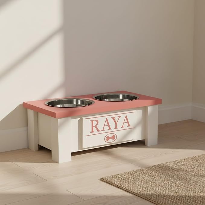 Elevated Dog Bowls for Small Dogs, Personalized Food Stand for Small Breed | Farmhouse Style, Elevated Wood Stand, Storage Container, Stainless Steel Bowls, Raised Anti-Slip Feeder, Made in USA