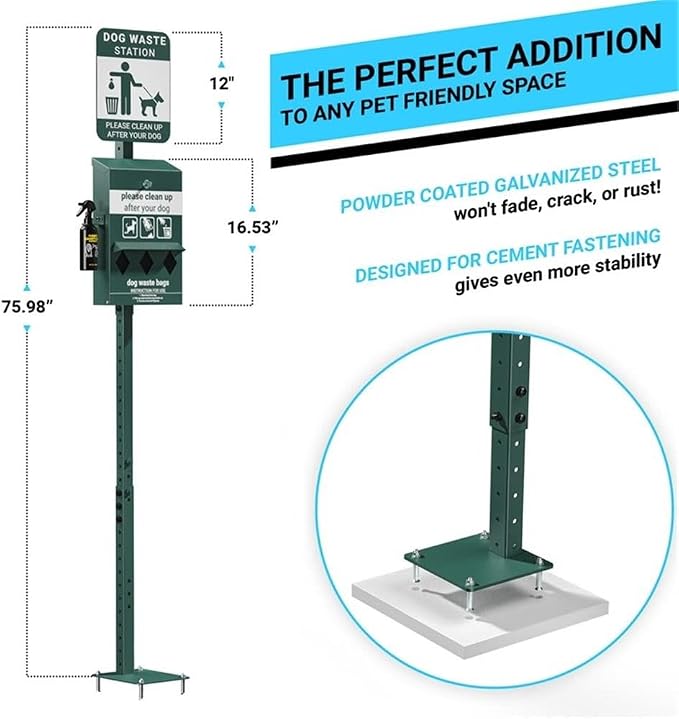 Pemberly Row Mini Pet Waste Station, Green Galvanized Steel, 76" Height, Glow-in-the-Dark Signage, Locking Triple Roll Bag Dispenser, Includes 600 Bags and Hand Sanitizer, Outdoor Commercial Use