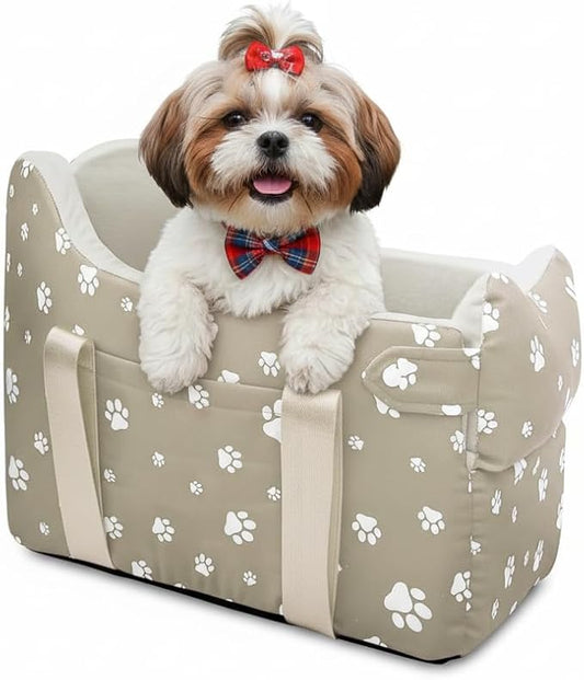 Dog Car Seat for Small Dogs (Under 15 lbs) – Center Console Pet Carrier with Safety Belt, Storage Pockets & Removable Washable Cover (Khaki Car Seat)